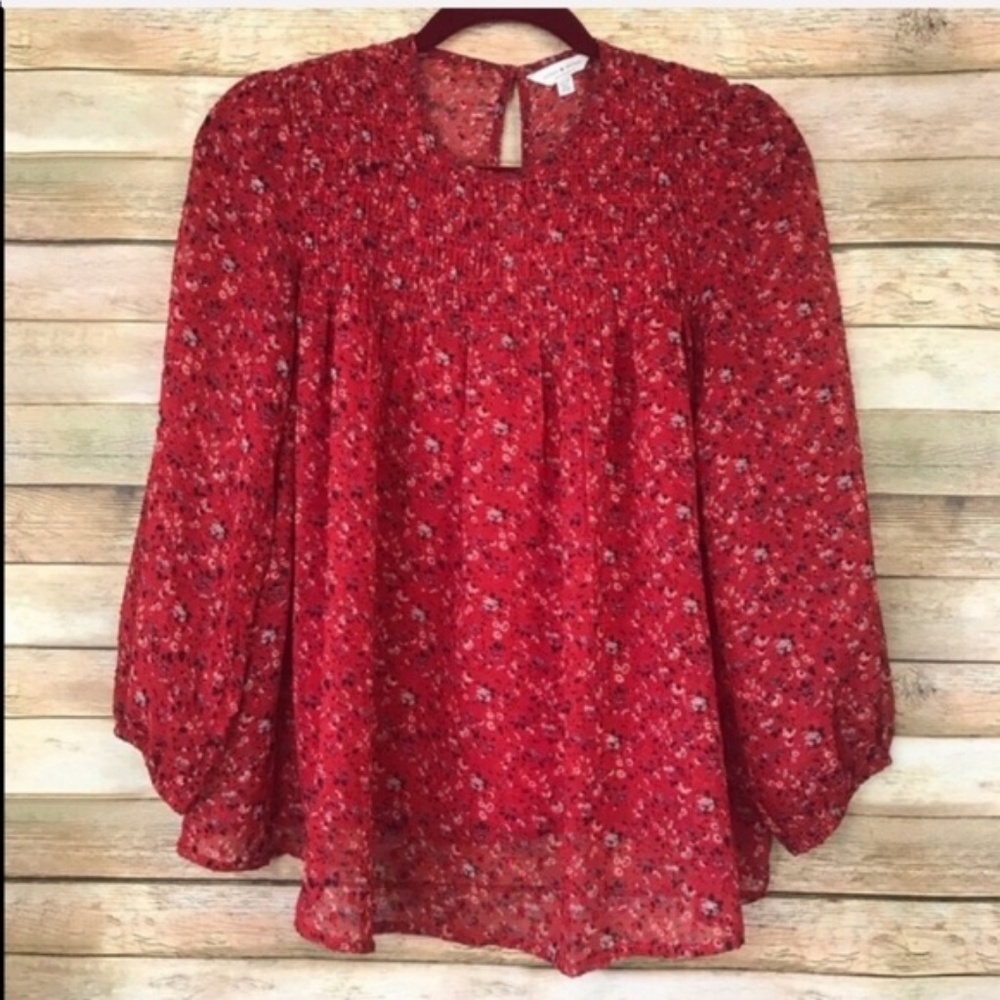 Lucky Brand Red Floral Sheer Blouse Size XS M-513